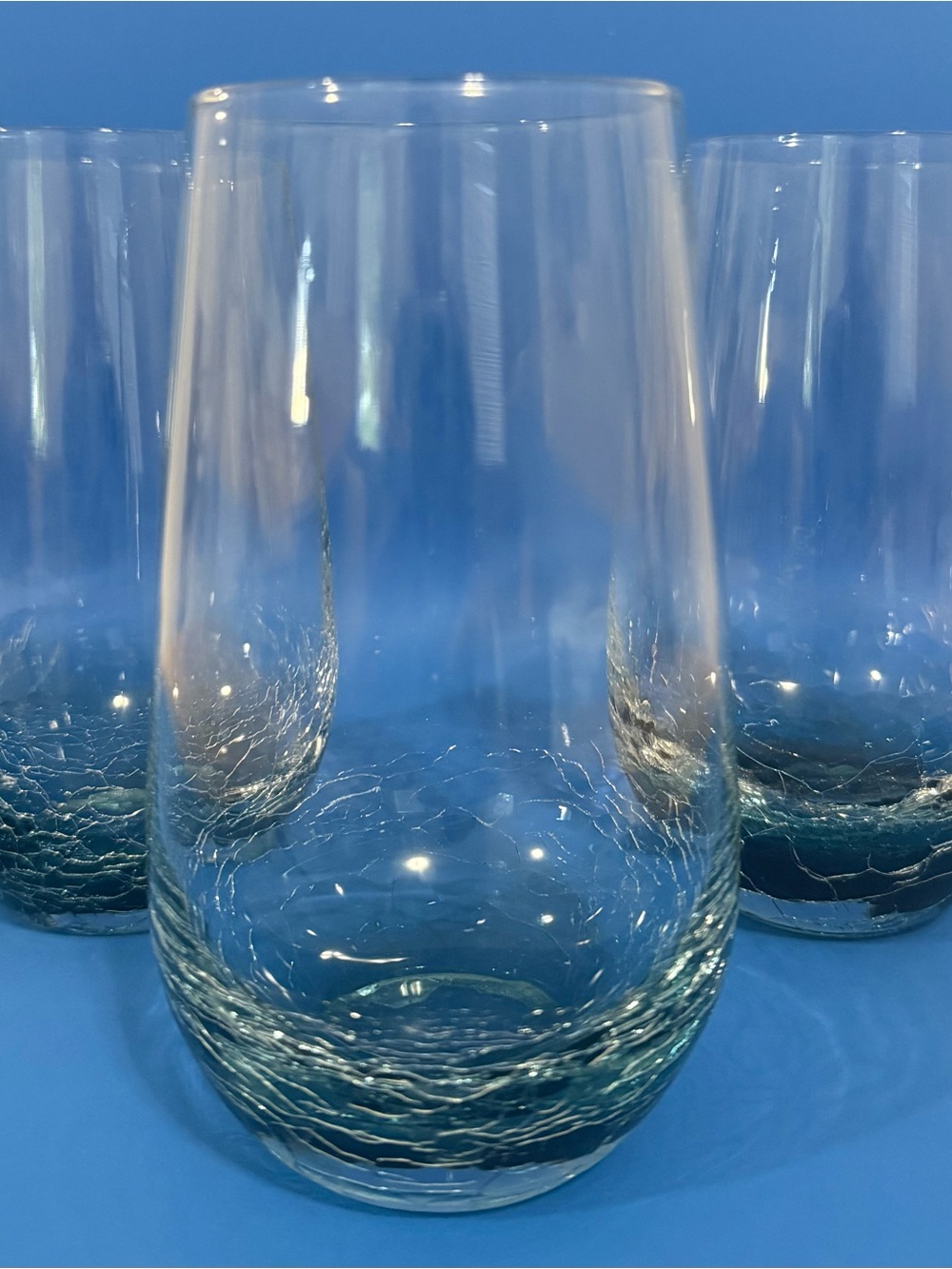 Set of 3 - Pier 1 Hand-Blown Teal Blue Crackle Glass Tumblers Discontinued
